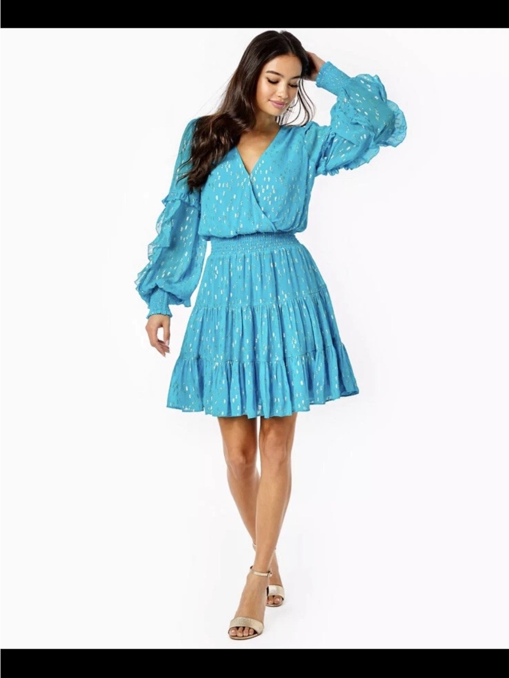 Lilly Pulitzer Turquoise Blue Long-Sleeve Tiered Smocked Dress size 8 - Picture 3 of 8